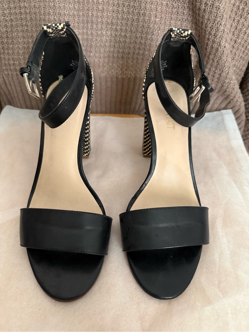 Nine West Black Ankle-Strap Heels with Patterned Block Heel